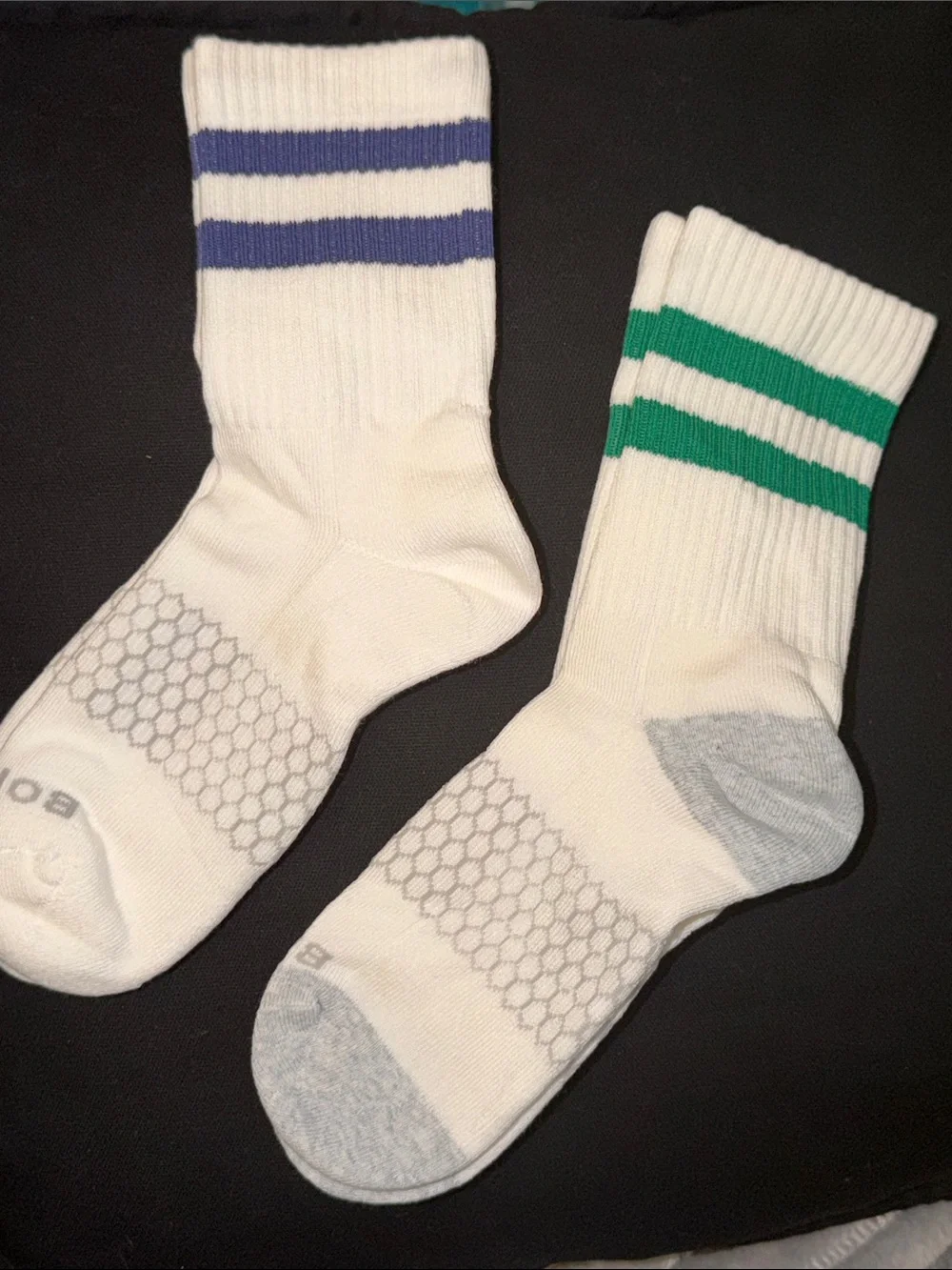 Bombas White Athletic Crew Socks with Green & Blue Stripes